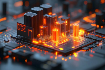 Poster - Futuristic city built on a circuit board. Illuminated structures
