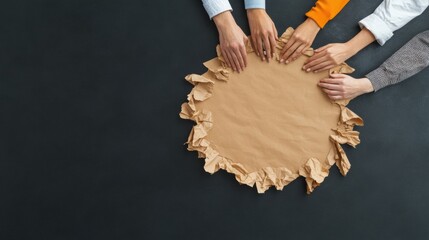 Aufkleber - Collective Synergy Collaborative Workspace Visualization with Diverse Team Hands Uniting on Textured Kraft Paper - Inclusive Innovation and Strategic Teamwork Concept
