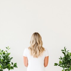 Poster - Serene Minimalist Wellness Portrait Soft Blonde Waves and Organic Green Plants in Pure White Space - Contemporary Lifestyle Aesthetic