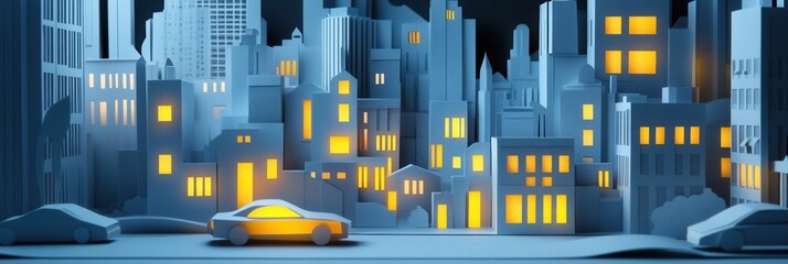 Aufkleber - Layered paper art features a modern city skyline adorned with glowing windows and illuminated streets at night