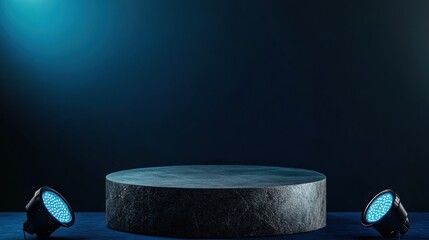 Poster - Futuristic Tech Podium Industrial Titanium Display for Cutting-Edge Product Launch, Minimalist Dark Mode Marketing Visual