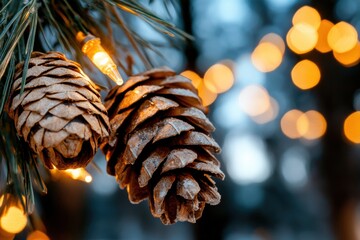 Poster - Enchanting Winter Bokeh Textural Pine Cones in Luminous Holiday Landscape - Festive Seasonal Marketing and Cozy Atmospheric Content Creation