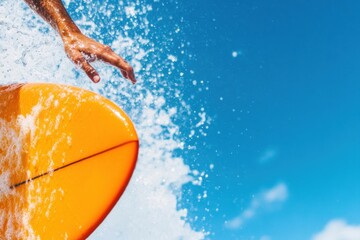 Poster - Dynamic Ocean Performance Vibrant Yellow Surfboard Cutting Through Crystalline Splash - Extreme Sports Lifestyle Content for Gen Z Adventure Marketing