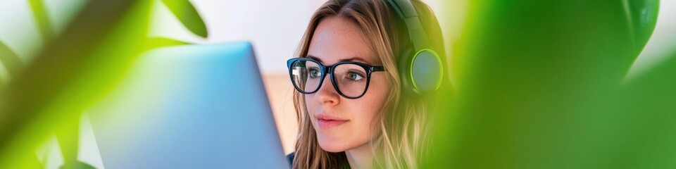 Poster - Sustainable Remote Work Aesthetic Gen Z Professional in Green Home Office with Noise-Cancelling Headphones and Modern Digital Workflow