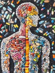 Aufkleber - Intricate mosaic of colorful pills creates a human silhouette using artistic arrangement and a golden ratio concept Generative AI