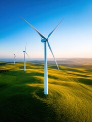 Poster - Sustainable Future Horizons Renewable Energy Landscape Showcasing Innovative Wind Turbines in Golden Agricultural Terrain - Climate Solutions and Green Investment Imagery