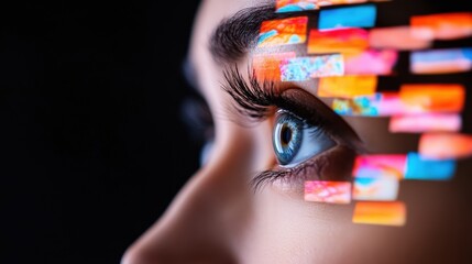 Fototapete - Futuristic AI Visual Interface Immersive Digital Transformation with Vibrant Pixel Overlay - Next-Gen Technological Visualization for Innovative Branding Strategies