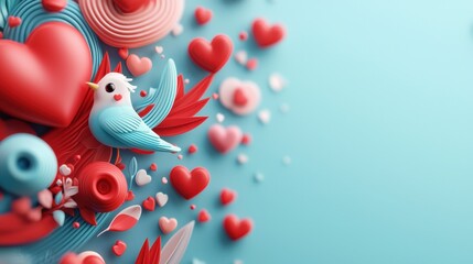 Poster - Colorful 3D Lovebirds Surrounded by Red Hearts and Decorative Elements on a Blue Background