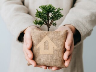 Poster - Eco-Conscious Living Miniature Green Architecture Concept Showcasing Sustainable Home Development with Organic Textile and Nurturing Design Narrative