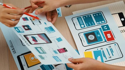 Fototapete - Top view panorama video of startup company employee planning on user interface prototype for mobile application or website in office. UX UI designer brainstorm user friendly interface plan. Synergic