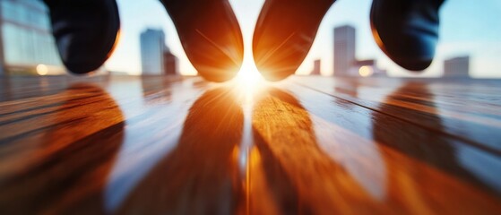 Aufkleber - Dynamic Corporate Leadership Perspective Immersive Urban Workflow Visualization with Sunburst Lens Flare - Transformative Business Strategy and Innovative Team Momentum