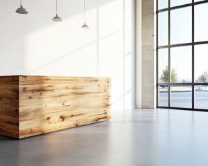 Aufkleber - Minimalist Hospitality Haven Rustic Wooden Reception Design Transforming Commercial Spaces with Warm Industrial Aesthetics and Sustainable Workplace Innovation