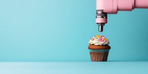 Poster - Next-Gen Culinary Robotics Precision Robotic Arm Decorating Vibrant Cupcake - Innovative Food Tech Showcasing Automated Gourmet Precision and Creative Manufacturing