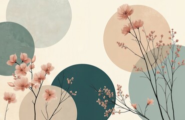 Poster - Abstract wall art with botanical elements, soft pastel colors, geometric shapes. Floral design with circle. Modern home decor, office spaces, creative backgrounds. Serene fresh elegant balance with