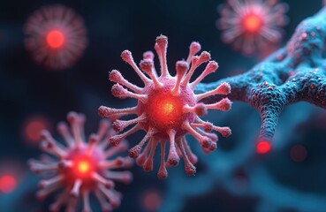 Poster - 3D artwork illustrates red coronavirus virions, specific cytokine receptors on target cell surface. Digital cell structure ideal for medical research, immunological, virology, microbiological