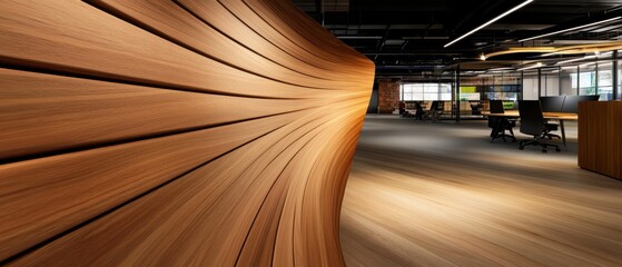 Aufkleber - Fluid Architectural Design Minimalist Corporate Workspace with Organic Wood Flow - Next-Gen Office Innovation Showcasing Dynamic Spatial Transformation