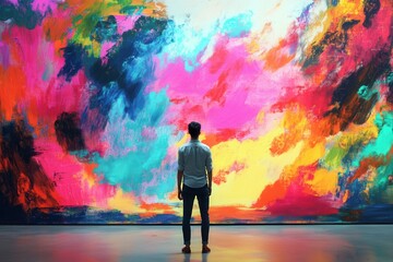 Poster - Artist immersed in vibrant colors before a giant canvas expressing creative energy and inspiration in an artistic studio