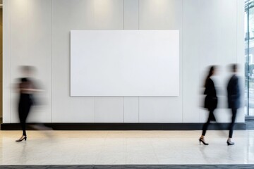 Poster - Minimalist Corporate Mockup Dynamic Motion-Blurred Business Professionals Navigating Sleek White Architectural Workspace with Blank Canvas Display
