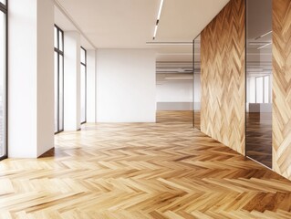 Aufkleber - Transparent Workspace Evolution Minimal Modern Law Office Design with Herringbone Wood, Glass Partitions and Natural Illumination - Professional Environment Reimagined