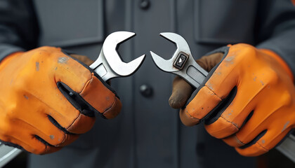 Leinwandbilder - Gloved hands hold two wrenches, hex wrench. Close-up skilled worker with repair tools. Concept of maintenance, mechanical work, plumbing, construction. Precision, expertise, service, tech. Repairman
