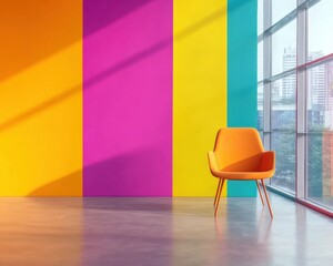 Poster - Vibrant Modern Workspace Design Bold Color-Block Interior with Minimalist Orange Chair and Panoramic Urban Skyline - Creative Office Inspiration for Dynamic Professionals