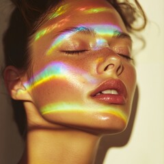 Aufkleber - Prismatic Wellness and Creative Expression Ethereal Rainbow Light Portrait Exploring Mindful Beauty, Digital Art, and Sensory Emotional Landscapes