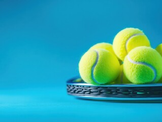 Poster - Vibrant Fitness Tech Premium Tennis Ball Cluster on Minimalist Blue Background - Performance Sports Innovation and Athletic Training Visual Content