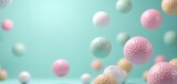 Floating colorful golf balls on pastel blue background. Leisure sport game minimal concept. Fun recreation summer activity. Playful vibrant mood. White pink green color. Golfing, leisure, exercise