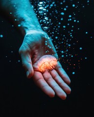 Poster - Quantum Creativity Unleashed Bioluminescent Neural Metaphor of Human Potential with Glowing Jellyfish Sphere and Ethereal Digital Particle Visualization