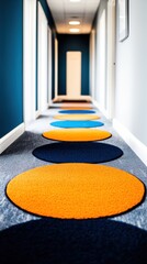 Poster - Mindful Movement Design Vibrant Color Psychology Corridor with Ergonomic Stepping Circles - Innovative Workspace Wellness and Dynamic Spatial Navigation Solution