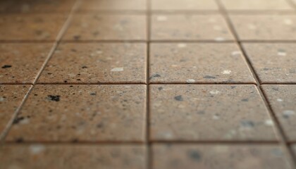 Poster - Close-up of brown granite squared tile texture. Mottled stone background with dark speckles, rough surface. Solid natural rock material, interior design and architecture decor background.