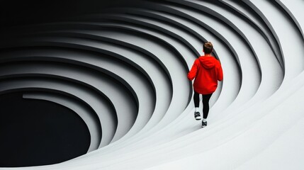 Poster - Dynamic Minimalist Journey Red Jacket Silhouette Navigating Surreal Architectural Curve - Gen Z Inspiration, Personal Growth and Conceptual Lifestyle Narrative