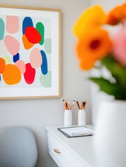 Poster - Minimalist Creative Workspace Vibrant Abstract Art, Soft Ergonomic Design and Color Psychology for Modern Professional Productivity