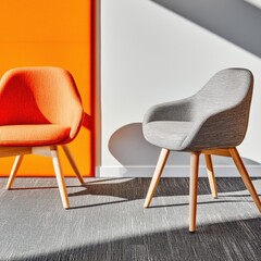 Poster - Minimalist Scandinavian Lounge Chairs Bold Color-Block Design Meets Ergonomic Comfort - Modern Workspace Furniture Trends in Vibrant Contemporary Interiors