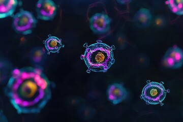 Poster - A vibrant, abstract representation of cells or microorganisms, showcasing intricate patterns and colors against a dark background.