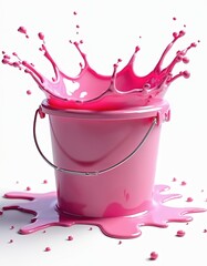 Aufkleber - Pink paint splashing in bucket with dynamic splash and glossy drops. Vibrant, bright color in studio setting. Isolated container with fluid overflow. Fresh liquid for modern art.