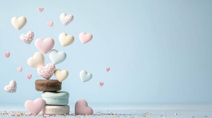 Poster - Whimsical Pastel Hearts Floating Above Soft Colored Macarons in a Light Background