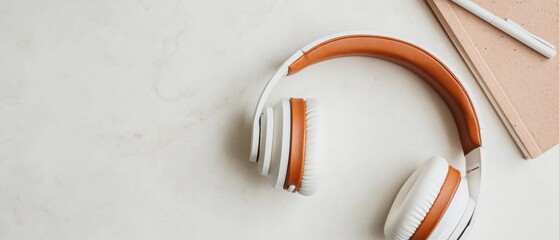Poster - Minimalist Digital Workspace Essentials Sleek Wireless Headphones and Neutral Productivity Staging for Remote Work Innovation and Creative Professional Performance