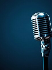 Fototapete - Retro Chrome Vocal Elegance Vintage Microphone in Deep Digital Blue - Professional Audio Content Creation and Podcast Production Aesthetic