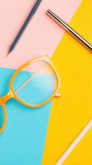 Aufkleber - Minimalist Color Block Design Modern Productivity Essentials with Vibrant Retro Eyewear, Sleek Metallic Pen and Geometric Workspace Aesthetic