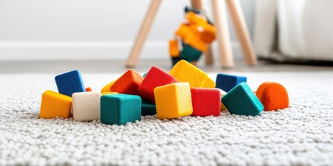 Poster - Tactile Learning Revolution Colorful Wooden Building Blocks on Soft Textured Surface - Montessori-Inspired Early Childhood Development and Sensory Play Concept