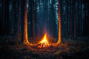 Aufkleber - Solitary campfire flickers in a forest clearing under a starry night sky with pending space for text Generative AI