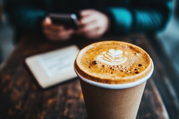 Poster - Minimalist Digital Nomad Productivity Artisan Latte Art Meets Mobile Workflow - Millennial Remote Work Culture and Creative Cafe Entrepreneurship