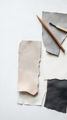 Poster - Minimalist Artisan Leather Crafting Neutral Palette Workspace with Raw Material Textures - Contemporary Handmade Design Process and Creative Entrepreneurship