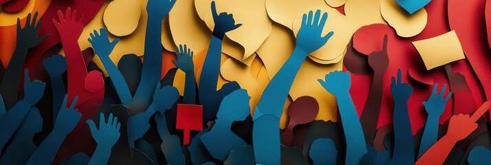 Leinwandbilder - Powerful paper art depicting activism with raised hands and flags highlighting political movements and community engagement Generative AI