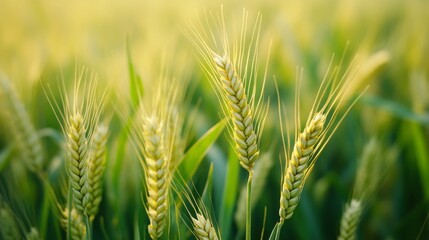 Poster - Lush young wheat ears stand tall in a sunlit field, their vibrant green hue shimmering as gentle breezes sway them, a testament to nature's beauty and the promise of the harvest to come