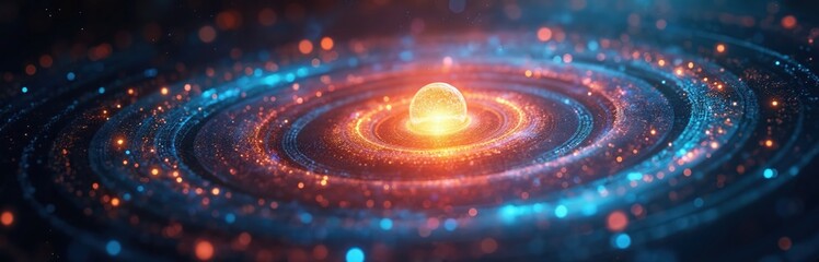 Poster - Abstract illustration visualizes atomic structure, electrons orbiting nucleus. Concept of quantum mechanics. Orange glowing core. Scientific visualization of atom, electron orbits around atomic