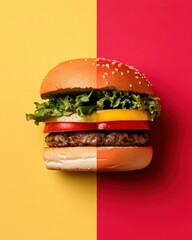 Leinwandbilder - Minimalist Gourmet Burger Color-Block Pop Art Food for Dynamic Digital Menu Marketing and Trendsetting Visual Branding
