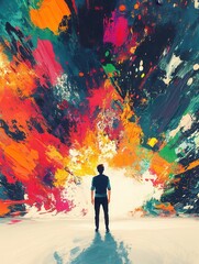 Aufkleber - Creative artist stands before a vibrant canvas filled with splashes of color and energy, expressing passion through art