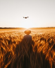 Poster - Golden Hour AgriTech Mid-Career Farmer Revolutionizes Precision Agriculture with Drone Monitoring in Sunset-Drenched Wheat Field - Sustainable Innovation Meets Rural Tradition